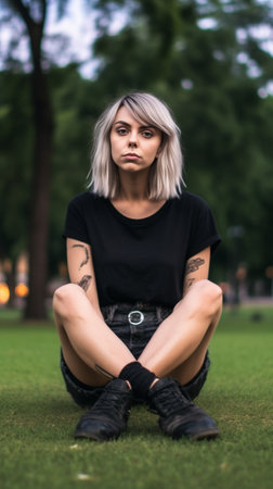 Pretty blonde girl sitting on the green grass with leg crossed and checking mail after food shopping A tired shopaholic rests sitting on the ground and writing a message  : Generative AIの素材