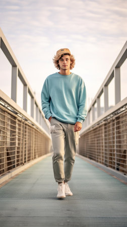 Fulllength photo of confident girl in hat standing on one leg at bridge Outdoor shot of elegant woman in denim pants enjoying trip around Europe : Generative AIの素材