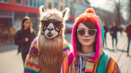 Funny brunette lady in pink fluffy clothes and red sunglasses posing with curly cool girl in red warm sweater and jeans : Generative AIの素材