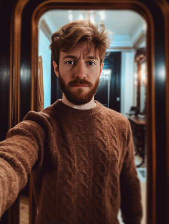 Emotional young man in stylish scandinavian sweater making selfie Indoor studio photo of amazed caucasian guy : Generative AIの素材