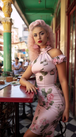 Pretty tanned girl in pink and white outfit leans on chair under umbrella in street cafe : Generative AIの素材