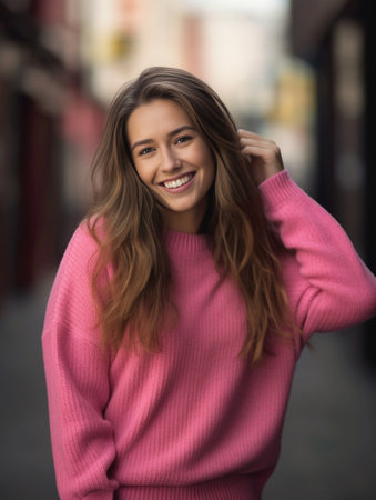 Positive young caucasian girl smiling at camera streches her hand to take selfie outdoor Brunette wears pink cardigan Concept people emotions : Generative AIの素材