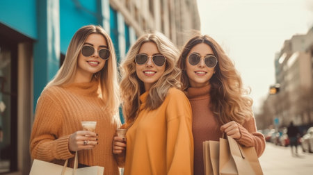 Portrait of blissful girls hanging out together in cold morning and posing outside with cup of coffee Amazing young woman in trendy coat and sunglasses spending time with : Generative AIの素材