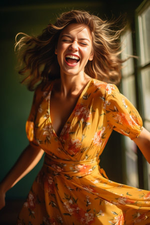 Excited spectacular woman posing in warm september day Outdoor shot of laughing brownhaired girl in vintage dress : Generative AIの素材