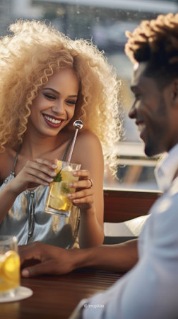 Loving copuple with wineglasses posing in outdoor cafe in sunny evening Portrait of curly blonde girl resting in restaurant with african friend at the table with bottle o : Generative AIの素材