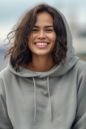 Charming darkskinned woman smiles in grey background Beautiful curly brunette lady in oversized beige hoodie poses : Generative AIの素材