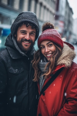 Funny european couple standing under snow during new year photoshoot Glad curly girl in hat chilling before christmas in cold day : Generative AIの素材