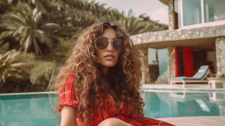 Closeup portrait of excited curly tanned girl in trendy sunglasses walking by swimming pool outside Funny cheerful young woman in headphones enjoying music while resting  : Generative AIの素材