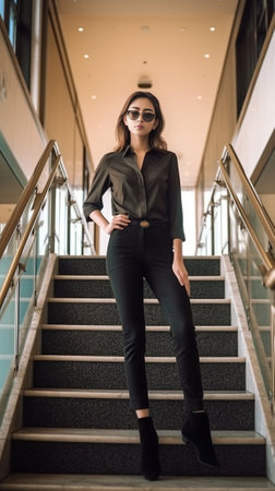 Portrait pretty businesswoman in black dress on stairs outdoor She wears sunglasses laptop phone looking to camera : Generative AIの素材