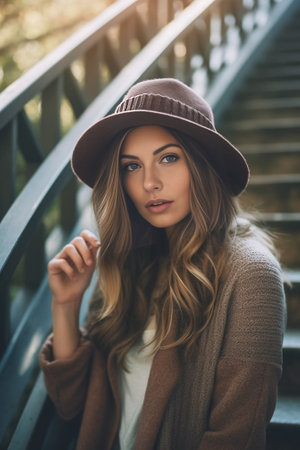 Lovely young Parisienne with brunette hair in stylish beret beige trench coat and black bag standing on old stairs and sensitively posing outdoors Warm autumn : Generative AIの素材