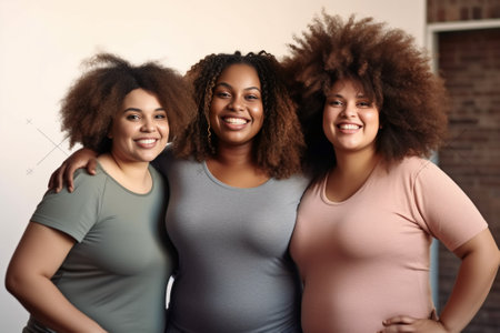 Fulllength portrait of enchanting curly girl with brown skin posing beside best friends Indoor photo of three ladies in colorful shirts dancing in pink studio with smile : Generative AIの素材