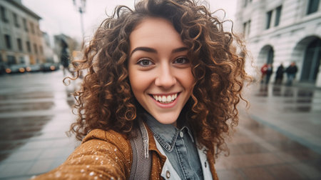 Portrait of cute girl with long curly hair and phone in hands smiling to camera in city on bulding background : Generative AIの素材