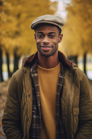 Closeup portrait of handsome african man with short haircut posing in trendy hat Outdoor photo of black guy in good mood spending time in city in autumn day : Generative AIの素材