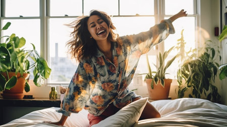 Portrait young girl in pajama moving on balcony in city in sunny morning Her long hair flying on wind she smiling to camera : Generative AIの素材