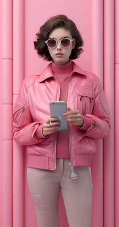 Curly woman with bright lipstick dressed in eco fur coat looks into her smartphone on pink background : Generative AIの素材