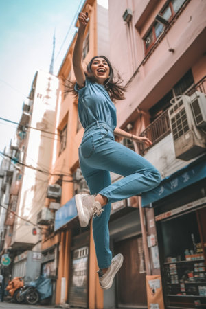 Fulllength portrait of excited female traveler in vintage jeans dancing on bridge with cityscape on background Photo of happy woman in long coat jumping during photoshoot : Generative AIの素材