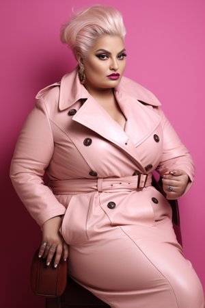 Fulllength shot of lady in midi trench coat coquettishly lifting leg and blowing kiss on pink background : Generative AIの素材