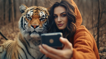 Glamorous curly girl posing with smile in forest Charming female model using smartphone for selfie on nature background : Generative AIの素材