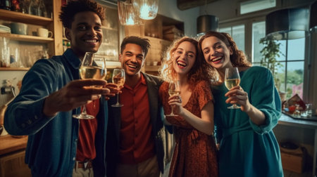 Young friends in striped Tshirts posing in kitchen Asian holds glass of champagne darkskinned girl cuts vegetables : Generative AIの素材