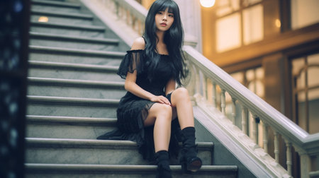 Lovely young woman with long hairstyle sitting on stairs and smiling Ecstatic tanned girl in black dress posing on the steps and playing with her pink hair : Generative AIの素材