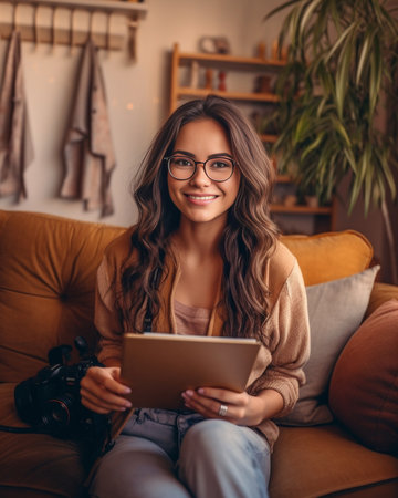 Cute girl in pajamas looks at camera in surprise and holds notebook Shot of openeyed woman in striped shirt holding book Student sitting on couch : Generative AIの素材