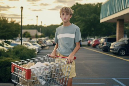 Inspired woman with short hair buying presents Outdoor photo of amazing girl with shopping cart : Generative AIの素材
