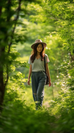 Summer day photo of woman in oversized white shirt and corduroy cap walking along path with different plants around : Generative AIの素材
