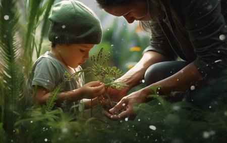 Young mother showing plants to child Photo of woman and girl touching green leaves on blur background : Generative AIの素材