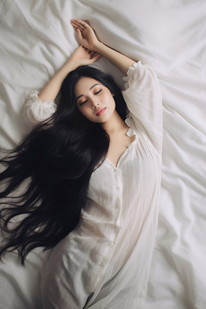 From above pretty brunette girl dreaming on white bed Her long hair laying in form of heart she keeps eyes closed and looks enjoyed : Generative AIの素材