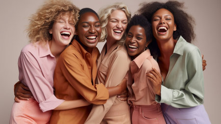 Fulllength portrait of enchanting curly girl with brown skin posing beside best friends Indoor photo of three ladies in colorful shirts dancing in pink studio with smile : Generative AIの素材