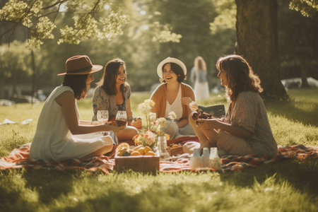 Three happy young caucasian friends are having picnic in park on sunny summer day Brunette girls wear casual clothes hat Relax lifestyle concept : Generative AIの素材