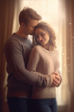 Ginger girl hugs darkhaired guy Closeup portrait of young man and woman in similar sweaters : Generative AIの素材