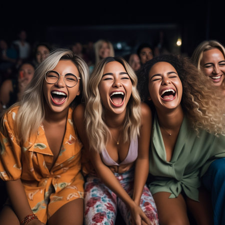 Two tanned ladies with headphones making selfie during indoor party Enthusiastic curly woman in sunglasses taking picture of herself near romantic asian girl in blur cott : Generative AIの素材