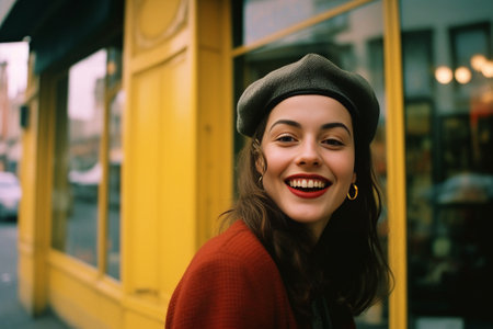 Slim stylish french girl in trendy red beret standing in the yard holding black leather bag and looking away Portrait of cheerful brunette young woman in vintage short ov : Generative AIの素材