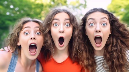 Surprised brunette woman looks into camera while her friend blowing kiss Two beautiful and young girls posing on isolated backdrop : Generative AIの素材
