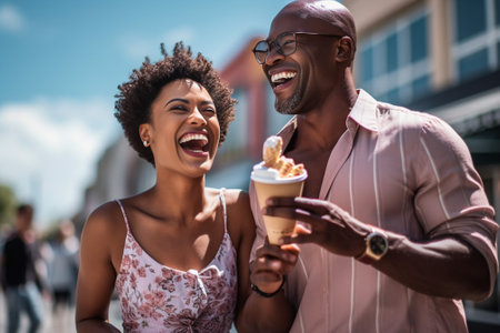Lovely tanned female model standing with hands in pockets and looking away while african man holding glass of beverage Outdoor photo of happy young people chilling after  : Generative AIの素材