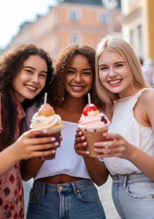 Happy young caucasian women take selfie on phone enjoying drink on weekend Brunettes wear casual clothes in summer Concept of use leisure : Generative AIの素材