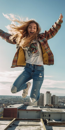 Young foxy lady jumping on stairs near city landmark at sunny day Cool girl wearing trendy outfit smiling and posing in motion : Generative AIの素材