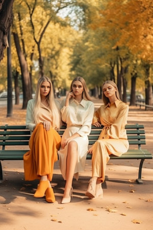 Woman in elegant coat spending october day with friend Outdoor shot of two girls having fun in city : Generative AIの素材
