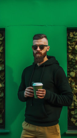 Man holds backpack and poses with coffee cup outside Bearded charming guy with white hair with tattoo on his hand holds black backpack : Generative AIの素材