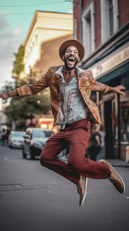 Happy cool bearded darkskinned guy in black pants and floral stylish shirt dances smiles and poses outside : Generative AIの素材