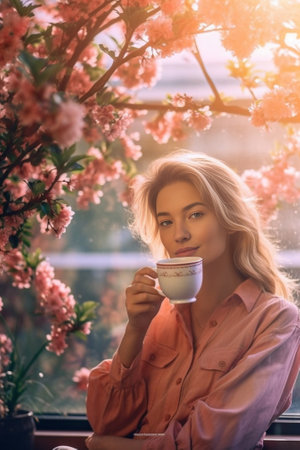 Romantic girl sitting near flowers with cup of coffee Carefree young woman thinking about something : Generative AIの素材