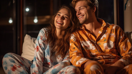 Pleased girl in cute sleepwear sitting on couch with boyfriend and smiling Indoor shot of dreamy female model spending weekend with husband : Generative AIの素材