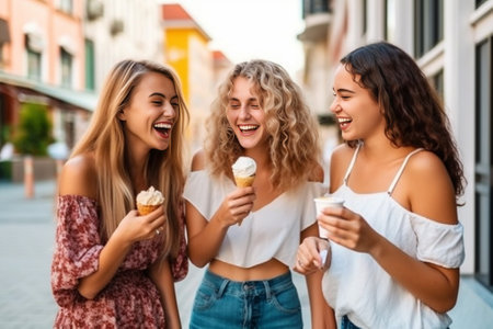 Nice young caucasian girls with pie congratulate their girlfriend on her birthday outdoors Brunette smiles wears jumper in spring Concept of enjoyment : Generative AIの素材