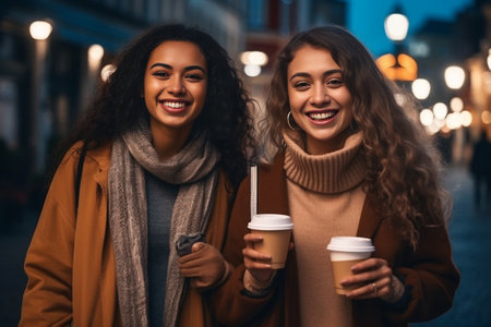 Portrait funny joyful attractive young women with drinks having fun on sunny street in city smiling lovely moments best friends expressing true positive emotions : Generative AIの素材