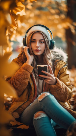 Beautiful young woman standing outdoor with cup of coffee Portrait of goodhumoured stylish girl in headphones : Generative AIの素材