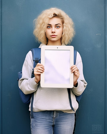Positive young caucasian woman with notebooks in her hands reaching for camera spending time outdoors Fairhaired girl wears white shirt in spring Education in college con : Generative AIの素材