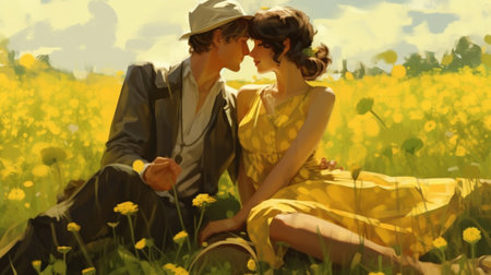 Love happiness family relationship concept Young couple of people wearing light yellow outfits kissing and resting in park at sunny day : Generative AIの素材