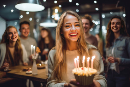 Pretty young caucasian women holding cake with candles having drink posing at camera outdoors Brunettes blonde smile teeth wear casual clothes Lifestyle concept : Generative AIの素材