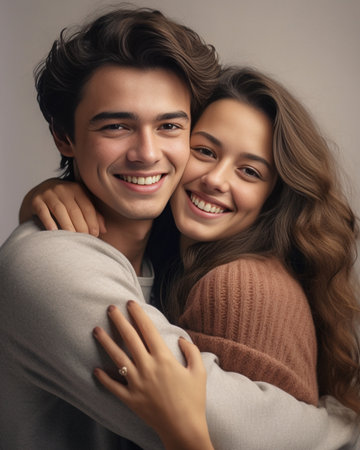 Cheerful darkhaired girl gently touching boyfriends face Jocund lady with wavy hairstyle expressing love to husband : Generative AIの素材